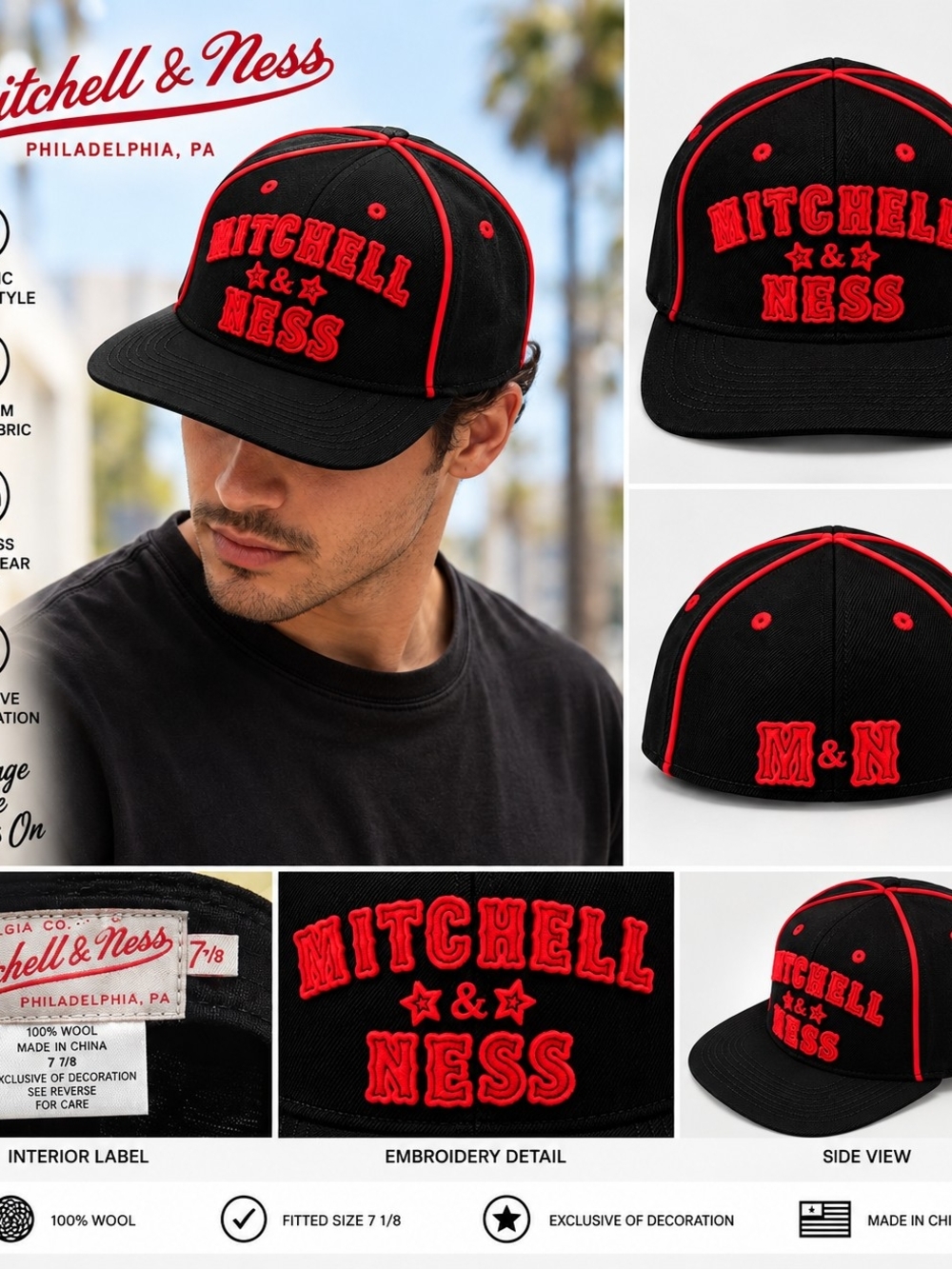 Mitchell & Ness Nostalgia Co Fitted Hat 7 1/8 Black Red Wool Cap NWT